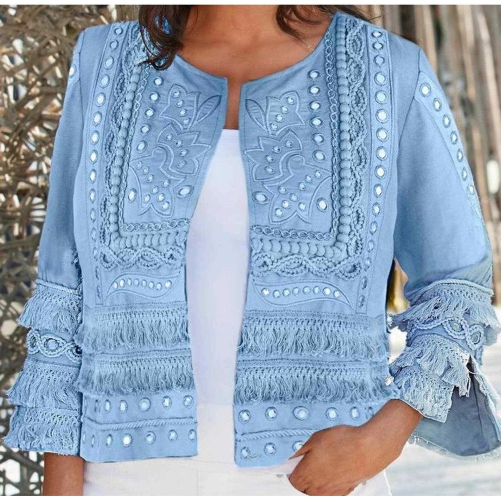 NWT Boston Proper Blue Mirror‎ Fringe Jacket Sz XL Embroidered Linen Blend Boho